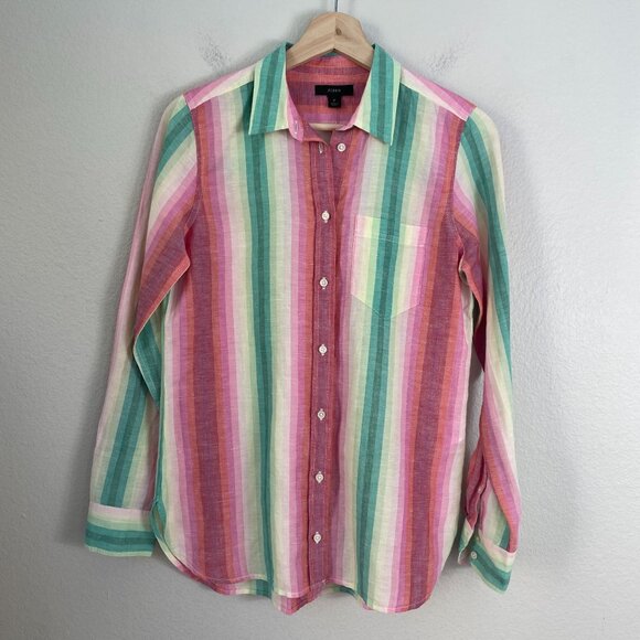 J Crew Womens 2 Multicolor Striped Linen Cotton Button Up Shirt Long Sleeve Top - Picture 2 of 9